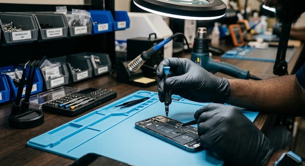DE-GRACE technician repairing a smartphone at a workbench